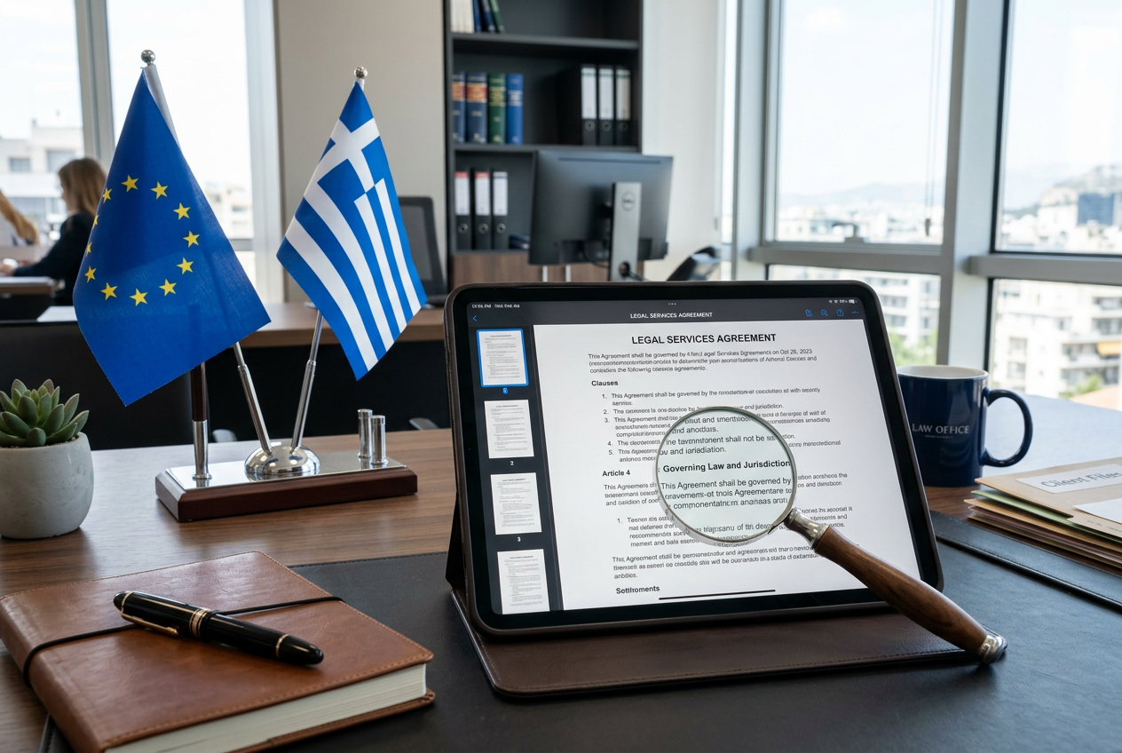 A professional setting showing legal documents and a European flag.