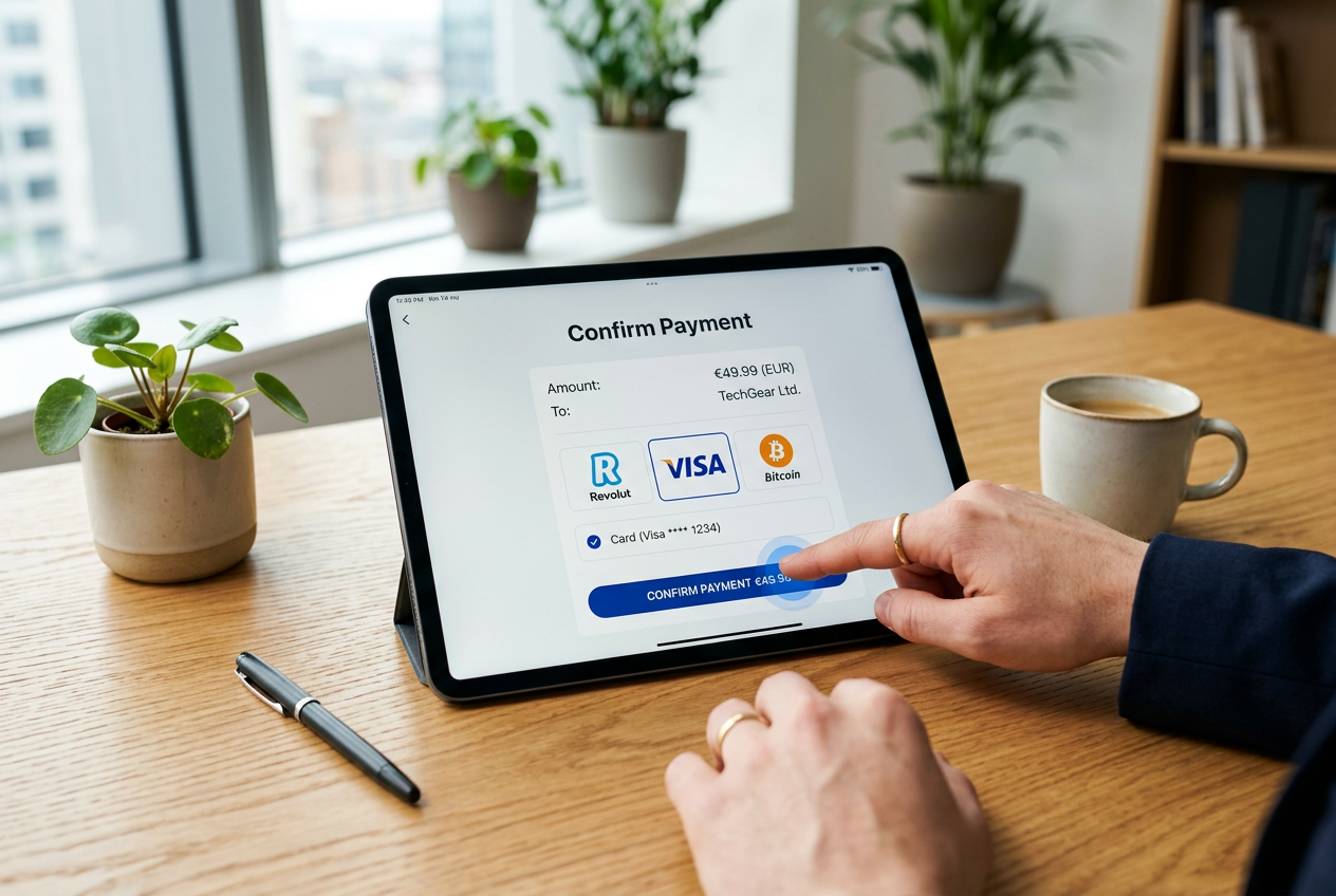 A digital payment transaction being completed on a tablet with various payment logos.