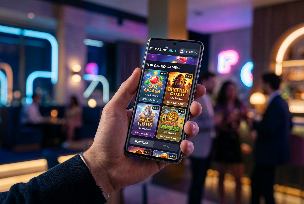 A modern smartphone displaying a casino comparison app with bonus ratings.