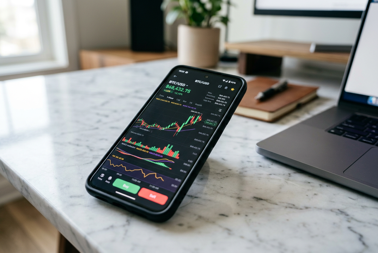 Smartphone displaying a cryptocurrency price chart with market fluctuations