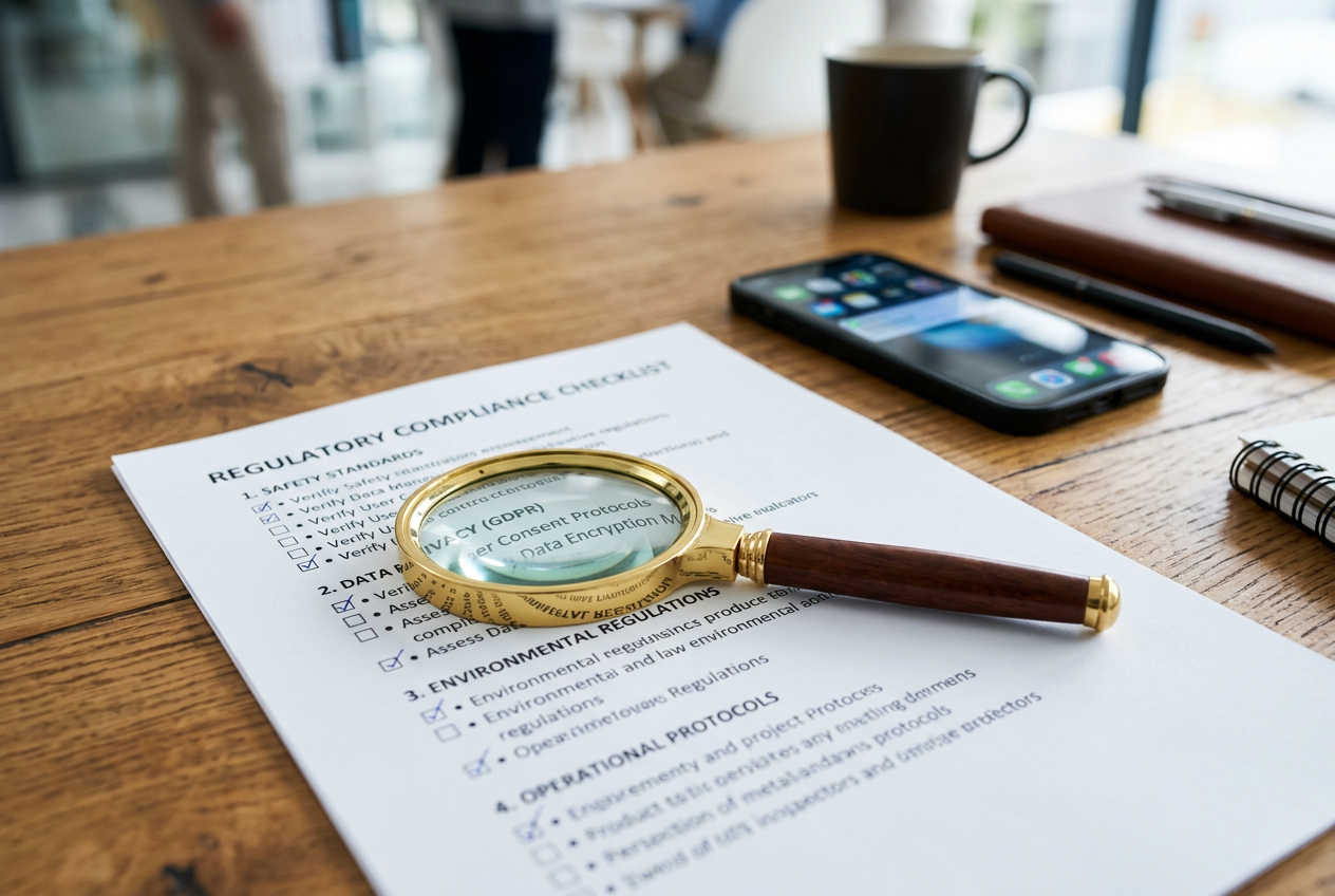 A magnifying glass resting over a professional compliance checklist document.